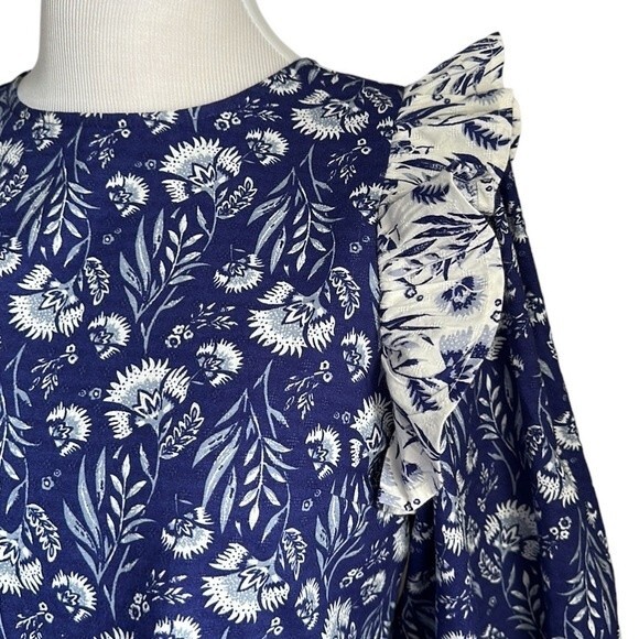 Universal Thread Blue Floral Print Puff 3/4 Sleeve Ruffle Top Blouse Size Small - Picture 5 of 16